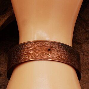 Vintage Solid Copper Cuff Art Nouveau Style Scroll Work W/ Flowers 7" Adjustable